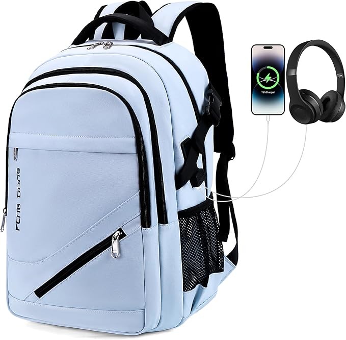 FENGDONG Durable Waterproof Travel Large Laptop Backpack 17.3 inch,College Backpack Bookbag for Men & Women Business Backpack with USB Charging Port and Headset Port Blue